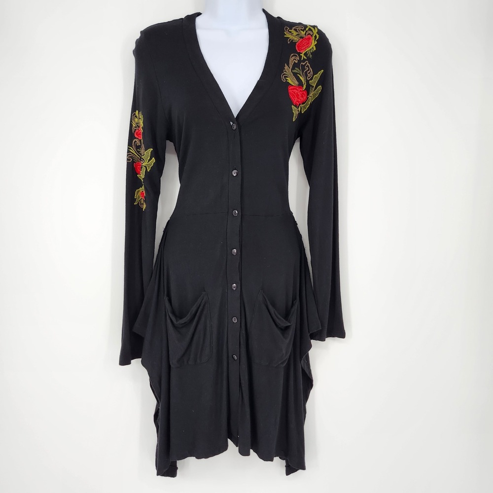Caite Black Embroidered Floral Dress Womens XS Whimsigoth Witchy Artsy Bohemian